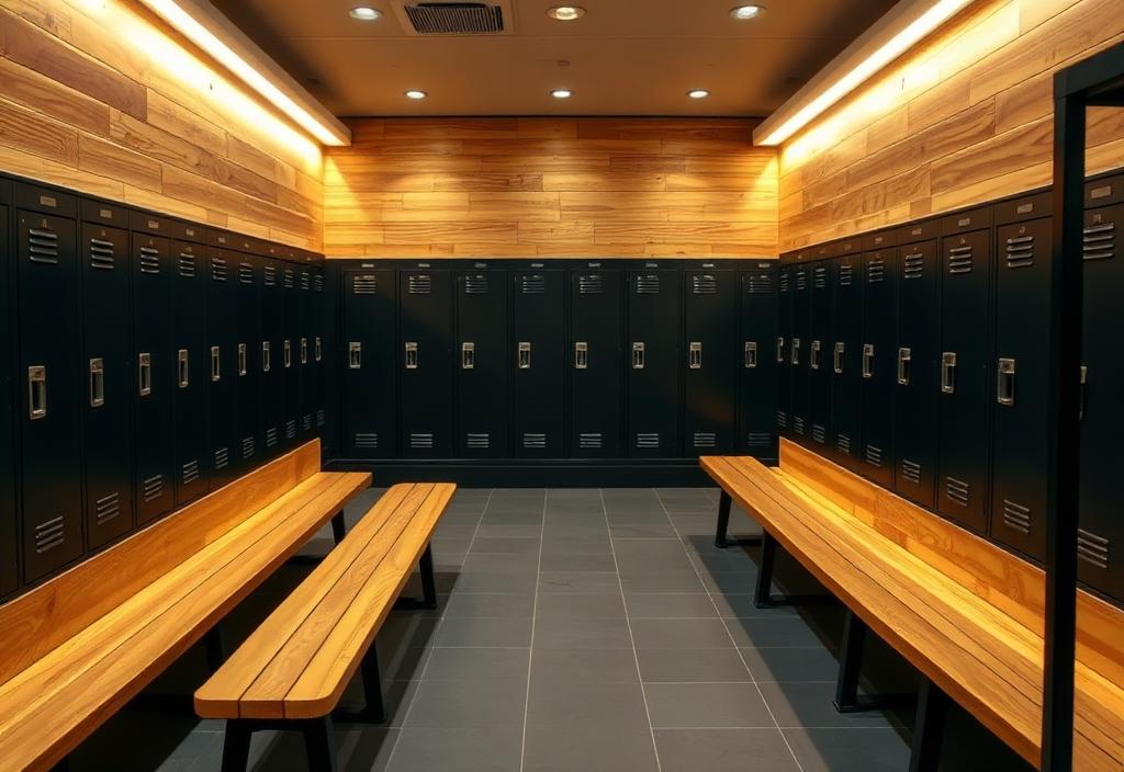 Clean changing room with wooden benches and black lockers.